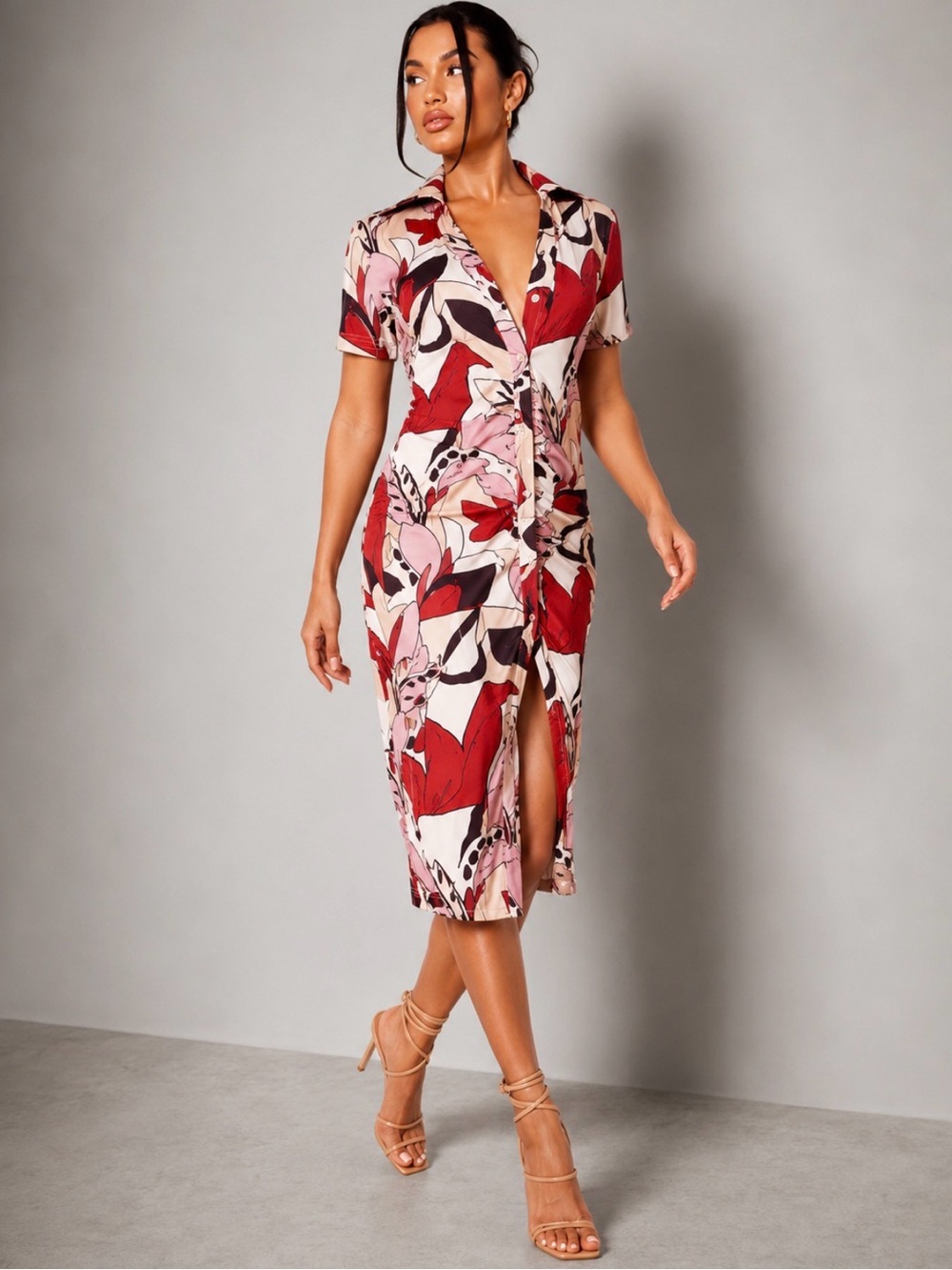 PrettyLittleThing Abstract Floral Print Ruched Midi Dress Size 8 NWT - Picture 3 of 10